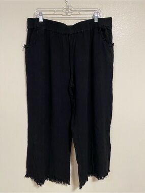 Umgee + Pants Women size 2XL Black Wide-Leg Frayed Hem Pants Linen Cotton Blend